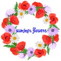 Bright wreath of bright summer flowers: red poppies, white and lilac daisies, green leaves, isolated on white background Royalty Free Stock Photo