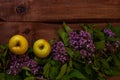 Bright yellow apples, purple lilac flowers with fresh green leaves on wooden background flat lay.Colorful spring summer Royalty Free Stock Photo