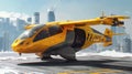 Bright yellow autonomous air taxi on urban rooftop helipad