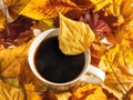 Bright yellow autumn leaf on the edge of the mug with hot steaming coffee. Cup with hot beverage among bright yellow and red Royalty Free Stock Photo