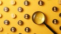 A bright yellow background features circles with user icons. A magnifying glass focuses on a specific icon, symbolizing