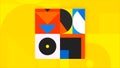 Bright yellow background with geometric moving figures, seamless loop. Motion. Square with flat moving shapes inside.