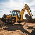 A bright yellow backhoe loader is at work on a construction site with Royalty Free Stock Photo