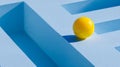 Bright yellow ball positioned on a blue 3d maze surface casting shadows under natural sunlight symbolizing challenge and decision- Royalty Free Stock Photo