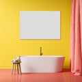 Bright yellow bathroom with tub and poster