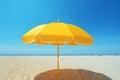 bright yellow beach umbrella on the sand with a blue sky in the background, Generative AI Royalty Free Stock Photo