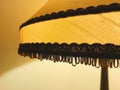 Bright yellow beautiful curve lampshade. Close up on lampshade tassels details.