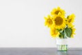 Bright yellow big sunflowers in glass vase on dark table on ligh Royalty Free Stock Photo