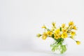 Bright yellow big sunflowers in glass vase on dark table on light texture background. Mockup banner with sunflower Royalty Free Stock Photo