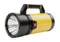 Bright yellow and black handheld flashlight with large light bulb and red power button on a white background Royalty Free Stock Photo