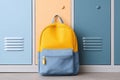 Bright yellow and blue backpack placed against colorful school lockers, showcasing vibrant design and practical features for Royalty Free Stock Photo