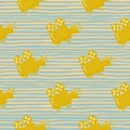 Bright yellow camera silouettes seamless pattern. Hand drawn cinema ornament on stripped background
