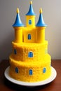 A bright yellow castle cake on a white plate generated by ai