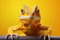 Bright yellow chameleon on a yellow background. Generated by artificial intelligence Royalty Free Stock Photo