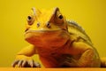 Bright yellow chameleon on a yellow background. Generated by artificial intelligence Royalty Free Stock Photo