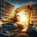 Bright yellow construction excavator at work on building site Royalty Free Stock Photo