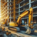 Bright yellow construction excavator at work on building site Royalty Free Stock Photo