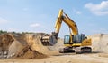 Bright yellow construction excavator at work on building site Creating using generative AI tools Royalty Free Stock Photo