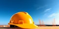 A bright yellow construction helmet rests on a surface outdoors, set against a clear blue sky and distant cranes Royalty Free Stock Photo