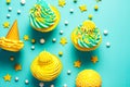 bright yellow cupcakes with colorful cream decorations for fun children's holiday