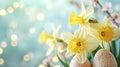 Bright yellow daffodils and speckled Easter eggs on a light background. Spring holiday composition for Easter holiday