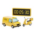 Bright yellow delivery van and scooter with digital timer isolated on white background Royalty Free Stock Photo