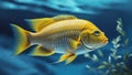 A bright yellow fish swimming gracefully through deep blue water. Royalty Free Stock Photo