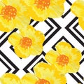 Bright Yellow Flowers Seamless Pattern with Geometric Ornament. Black Stripes. Vector Illustration Royalty Free Stock Photo