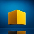 Bright yellow flying glass cube on a blue background, minimalism, texture, modernity. Levitation.