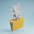 Yellow Folder Overflowing with Documents Against a Light Blue Background papers files Royalty Free Stock Photo
