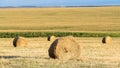 Bright yellow and golden Haystacks on agricultural field in sunny autumn day. Haystacks on the field, close-up view Royalty Free Stock Photo