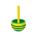 Bright yellow-green tippe top. Wooden of plastic whirligig. Children toy. Kids leisure theme. Flat vector icon