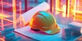 A bright yellow hard hat sits on construction blueprints. The image captures the essence of safety and planning in Royalty Free Stock Photo
