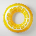 Bright yellow inflatable pool ring with citrus slice design Royalty Free Stock Photo