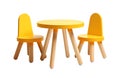 Bright yellow kids table and chair set with natural wood legs, perfect for a vibrant playroom or nursery. Isolated