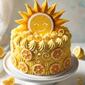 Bright Yellow Lemon and Orange Layer Cake with a Happy Sun Decoration AI-GENERATED Royalty Free Stock Photo