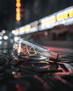 Bright yellow light bulb laying on a wet pavement in a bustling city at night Royalty Free Stock Photo