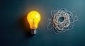 Bright yellow light bulb stands out against tangled white wires. Concept of simplifying complex ideas to find solution. Image Royalty Free Stock Photo