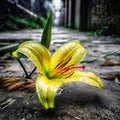 Bright yellow lily with its brilliant green leave