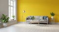 Bright yellow living room with grey sofa and geometric patterned cushions Royalty Free Stock Photo