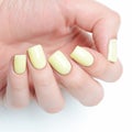 Bright yellow manicure with black stripes and sunflowers pattern on white background Royalty Free Stock Photo