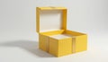 Bright yellow open box on white surface, empty interior, cheerful packaging concept. Royalty Free Stock Photo