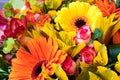 Bright yellow and orange gerbera in a bouquet of flowers. Beautiful bouquet gift for the holiday. Flowering plants