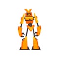 Bright yellow-orange robot transformer with claw hands. Fantasy metal monster. Isolated flat vector design