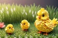Bright Yellow Paper Chicks Surrounded by Lush Green Grass in a Spring Setting Royalty Free Stock Photo
