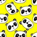 Bright yellow pattern with doodle panda, seamless repeat cute print