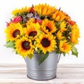 Vibrant sunflowers in a galvanized bucket. Mother\'s Day Flowers Design concept