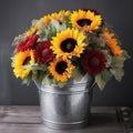 Vibrant sunflowers in a galvanized bucket. Mother\'s Day Flowers Design concept
