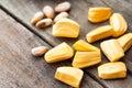 Bright yellow pieses of jackfruit on wooden background Royalty Free Stock Photo