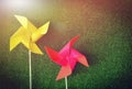 Bright yellow and pink pinwheels on green grass background.